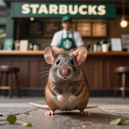 a bipedal mouse is a starbucks barista, detailed hyper realistic digital art sharp focus photography 35mm