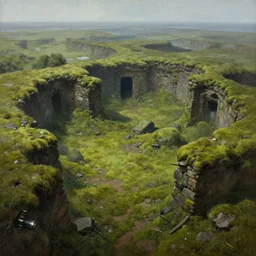 yavin iv, mossy ruins, overhead view, distance shot, painting by ralph mcquarrie