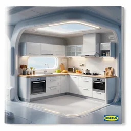 IKEA catalogue photo of a cyberpunk kitchen on a spaceship, by Ravi Zupa