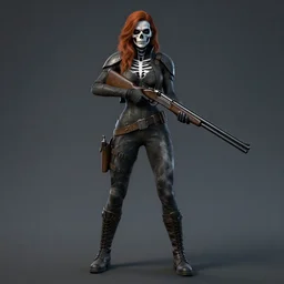 Unreal engine, Samara Weaving with skull paint, full body, holding a shotgun