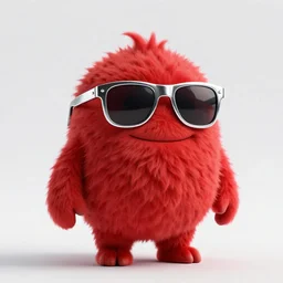 3 d render of completely red hairy friendly antropomorphic creature wearing chrome shades, without nose, grin, full body, standing on 2 feet, in the style of pixar, white background, unreal engine 5, octane render, highly detailed hdr