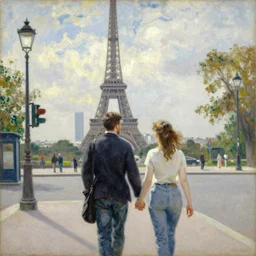 Couple holding hands walking in the streets of Paris with view on the Eiffel tower, by Auguste Renoir, oil on canvas