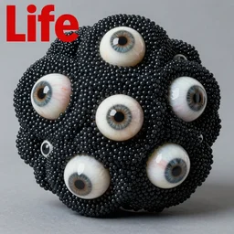realistic object photo of sculpture molecule made of eyeballs, black cloud made of caviar, readymade, dadaism, fluxus, man ray 1 9 9 0, life magazine photo