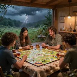 boardgame party, thunderstorm outside, summer, cozy cabin, blanket, tea, drinks, one of the guys has curly hair, by herbert james harper, volumetric lighting, global illumination, smooth, concept art, sharp, 4 k, highly detailed