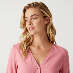 olive skinned strawberry blonde female model in her twenties, wearing a v - neck blouse, looking content, focused on her neck, photo realistic, extreme detail skin, natural beauty, no filter, slr, golden hour, 4 k, high definition, selfie
