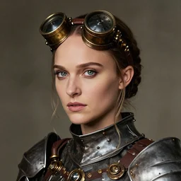 head and shoulders portrait of a female knight, young natalie portman, steampunk, vogue fashion photo