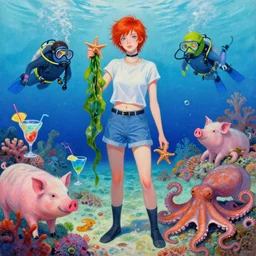 tall emo female artist holding seaweed and a starfish in okinawa, coral reef, summer, cocktails scuba, pigs, octopus, acrylic on canvas, surrealist, by magritte and monet
