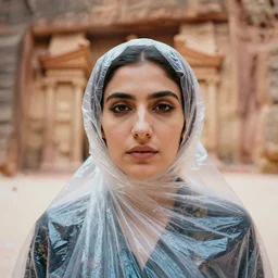 closeup portrait of a woman wrapped in plastic, standing in petra, color photograph, by vincent desiderio, canon eos c 3 0 0, ƒ 1. 8, 3 5 mm, 8 k, medium - format print