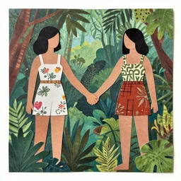 paper collage art made of cut up magazines depicting two women holding hands in a jungle
