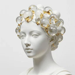 full head and shoulders, beautiful female white, porcelain sculpture, with lots of 3 d perspex spheres attached to head with gold liquid flowing, by daniel arsham and james jean, on a white background, delicate facial features, white eyes, white lashes,