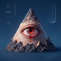 portrait of triangle shaped volcano head and shoulders with single centered giant bloodshot eye, in the style of Greg Broadmore and Arthur Rackham,trending on artstation, light lighting side view,digital art,surrealism ,macro,blueprint ,vaporwave ,