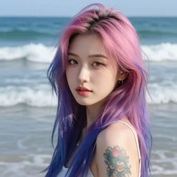 beautiful asian girl with tattoo's and blue pink purple hair looking in the camera with sea with big waves in the background, portrait, 8 k, digital art, detailed realistic eyes.