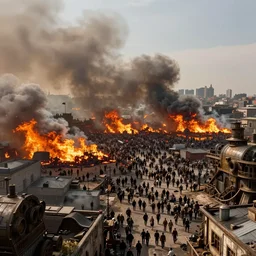crowd of people, massive fires in the distance, a burning city in the distance, smoke clouds, steampunk, 4 k, ultra realistic, view overhead hdr, wide shot, metzae, uplight, digital art, highly saturated colors, concept art, detailed illustration, hd, dark atmosphere digital art, greg rutkowski, dan mumford, studio ghibli trending on artstation