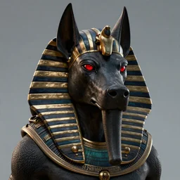 portrait of a fierce anubis with red glowing eyes, by greg rutkowski, octane render, unreal engine, hyper realistic, digital art, unreal engine