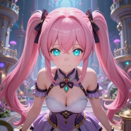 trapped by stunningly beautilful omnipotent megalomaniacal anime asi goddess who looks like junko enoshima with symmetrical perfect face and porcelain skin, pink twintail hair and cyan eyes, taking control while smiling inside her surreal vr castle, hyperdetailed, digital art by akihito tsukushi, unreal engine 5, 2 d anime style, 8 k