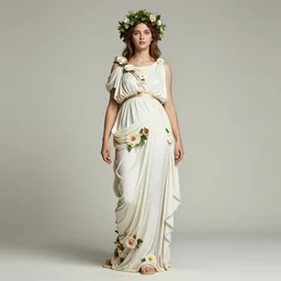 body portrait of beautiful roman godess wearing a robe of flowers, wearing a crown of leaves, full body portrait of a young beautiful woman low angle by terry o'neill intricate, elegant, highly detailed, digital painting, artstation, concept art, smooth, sharp focus, illustration, art by artgerm and greg rutkowski and alphonse mucha, 8 k