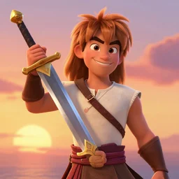 portrait of teenage conan the barbarian, smiling. arrogant. great sword with golden pommel. sunset. 3 d pixar and disney!! in the style of disney pixar, moana, brave, the good dinosaur.