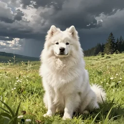 a samoyed dog sitting in the middle of sunny meadow, by Jack Kirby