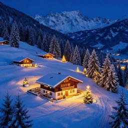 matte painting of winter night christmas mountain cottage szene in beautiful landscape in the bavarian alps, by albert whitlock, amazing details, beautiful composition, vibrant colors, bird eye view, luminescent, warm hue's
