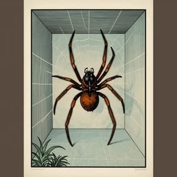 a spider in an empty room, colored woodcut, poster art, by Mackintosh, art noveau, by Ernst Haeckel
