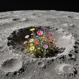 a macro of an alien flower in a landscape on the moon with many craters, barren moon landscape, in a big crater at the center there is a beautiful flowering garden, 8 k, bokeh, lowbrow in the style of martin johnson heade and daniel merriam and roger dean,