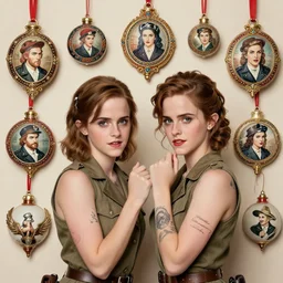“ emma watson and lindsey pelas as world war 2 pinup girls, tattoo, decorated ornaments by carl spitzweg, ismail inceoglu, vdragan bibin, hans thoma, greg rutkowski, alexandros pyromallis, perfect face, fine details, realistic shaded ”
