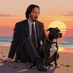 highly detailed full body portrait of keanu reeves as john wick sitting on a beach, black pitbull besides him, looking into the sunset, concept art by jama jurabaev cel shaded cinematic shot trending on artstation high quality brush stroke hyperspace vibrant