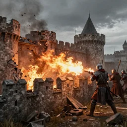 tribuchets fireing on a medieval fortress, destroying the walls, fire and explosion, debris flying around, octane render, unreal engine