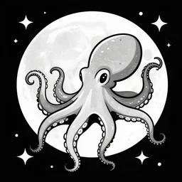 relaxed octopus on moon, black and white illustration, stars