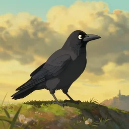 a wholesome animation key shot of a crow on a hill, portrait shot, studio ghibli, pixar and disney animation, sharp, rendered in unreal engine 5, anime key art by greg rutkowski, bloom, dramatic lighting, golden hour