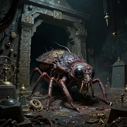 a highly detailed matte painting of lovecraftian cosmic horror scene with a large vaguely human insectoid abomination crawling out of an ancient tomb in a dark mausoleum filled with relics and sigils, by artgerm, by wlop, by greg rutkowski, volumetric lighting, octane render, 4 k resolution, trending on artstation, masterpiece