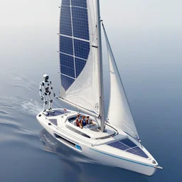 futuristic sailboat mid-journey with solar sails and a robot! captain! and crew in a Marvel!!!!!!!! comic! style , digital art, 8k, birds eye view, 80s, concept, Smooth gradients, octane render, 8k, High contrast, duo tone, depth of field