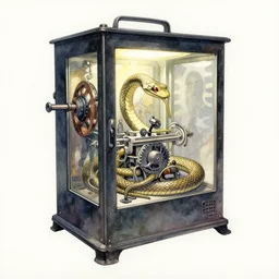 watercolor snake gear box machine from nocturnals comic issue 3 by richard corben, bernie wrightson, ian miller, fine art masterpiece baked at 3 0 0 f, matte painting, backlit dystopian lighting, photorealistic render, cinematic,