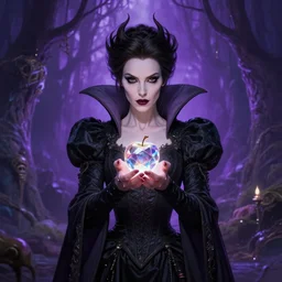 evil queen holding up a crystal apple with both hands, wearing a black dress with big collar, a violet magical jungle in the background. in the style of magic the gathering, james jean, ross tran, craig mullins. yennefer vengerberg, magical atmosphere, sci - fi and fantasy, intricate and very very beautiful and elegant, highly detailed, digital painting, artstation, concept art, smooth and sharp focus, illustration, art by tian zi and wlop and alphonse mucha