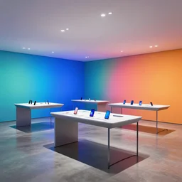 ( ( ( minimalist brutalist neon flagship samsung store. display tables with phones and tablets. colorful walls. polished concrete floor. low ceilings with spots. geometric furniture, colorful digital screens, lush plants, large digital screens on the walls ) ) ) concept art, vibrant colour, john berkey, beeple, wlop, makoto shinkai, yoji shinkawa, wadim kashin, artstation, 4 k