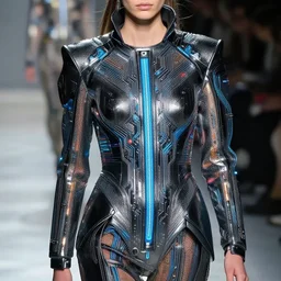 close up of model who walks down the runway at a fashion show, cyberpunk art by alexander mcqueen, trending on tumblr, retrofuturism, circuitry, futuristic, sci - fi