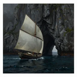 photorealistic painting of a 1 9 2 5 seiner sailing near a short tropical cliff with the mouth of a sea cave at the waterline, dark, brooding, atmospheric, lovecraft, horror, smooth, epic, highly detailed, cinematic, by angus mcbride