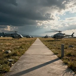sidewalk, realistic, helicopters, deep perspective, wide angle, detailed,