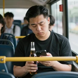 a tired young university student in a black shirt with slick hair and round face is riding in a crowded bus. student is holding a bottle of dark beer and is looking at his smartphone. professional photo, 4 k, bokeh, 5 0 mm
