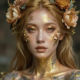 a stunning ultra detailed fantasy fine art portrait photo of goddess of heaven with tattoos and with glossy golden skin, by tom bagshaw and natalie shau, 3 5 mm lens, golden ratio composition, deep depth of field, perfect eyes and face, flowery implants, flowerpunk, soft lighting, artstation, 8 k