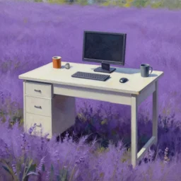 realistic painting of a desk on a purple field