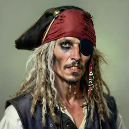 an old skinny pirate with long white dreadlock hair, crooked teeth, wearing a red headband and black hat, one eyepatch very detailed painting featured in artstation, concept art by Greg Rutkowski, WLOP, Dan Mumford, Christophe Vacher