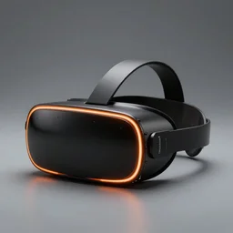 a cyberpunk virtual reality headset in the style of giorgetto giugiaro, orange glowing edges, insanely integrate, 8 k, productphoto, full shot, studiolight