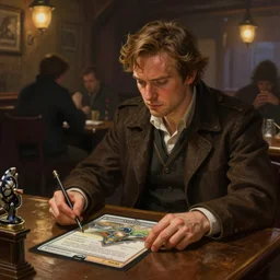 frank dillane playing magic the gathering in a pub, realistic, detailed, intricate, digital painting, trending on artstation