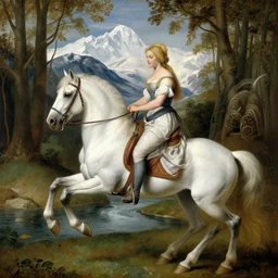 a renaissance painting of a very beautiful blonde woman riding a white horse by a beautiful river in a virgin forest with snowy mountains in the background, highly detailed, award winning