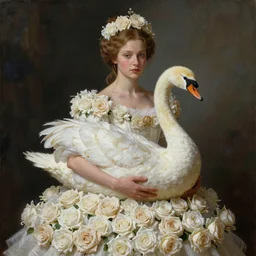 a queen with a decorated dress made of white and cream colored roses holding a swan in her arms, highly detailed, digital painting, trending on artstation , HD quality, by artgerm and greg rutkowski and alphonse mucha, dramatic light, octane