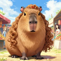 character portrait of the capybara princess with gorgeous detailed eyes in the marketplace in the sky, color page, tankoban, 4 k, tone mapping, doll, akihiko yoshida, james jean andrei riabovitchev marc simonetti, yoshitaka amano, long hair, curly, greater capybara, giant cavy rodent, h.  hydrochaeris