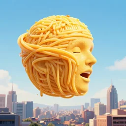 face of giant flying spaghetti monster looming over city, background colored profile photo of spaghetti and meatballs spaghetti tendrils 4 : 3 aspect ratio, spaghetti monster by beksinski!!, mc escher!!! tessellation!!! artstation,