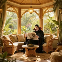 photo of a vampire reading the newspaper in a sunroom-with-wicker-furniture, breathtaking-interior-design, golden-hour, exotic, opulent, interior-lighting, stunning-design, dynamic cinematic lighting, interior design with soft lighting, extremely detailed, hyperrealism, 4k, dramatic, cinematic, architectural visualization with a lot of detail, volumetric lighting, 8k, unreal engine