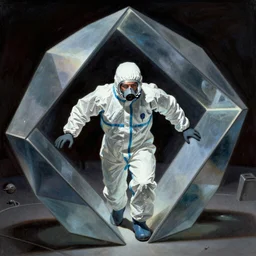portrait of a scientist in a hazmat suit entering the geometric prism dimensional gateway by frank frazetta